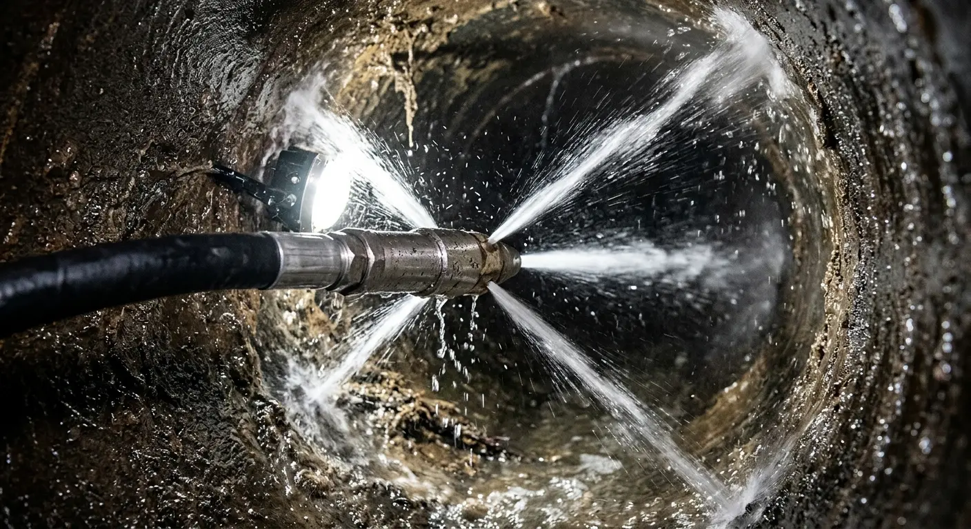 High-pressure hydro jetting nozzle cleaning sewer pipe for Sewer Line Relining in Ridgefield