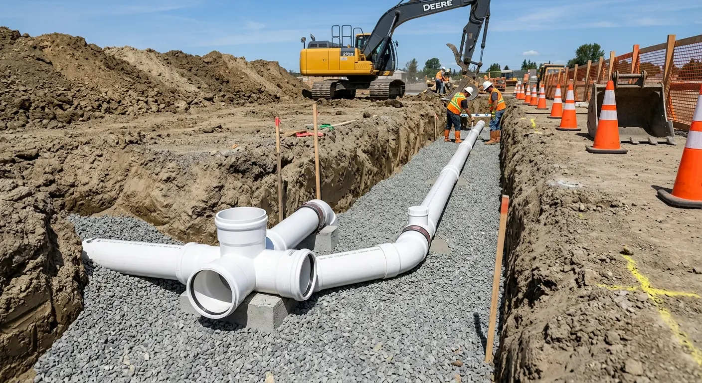 New PVC sewer pipe installation in open trench for Commercial Drain Cleaning in Ridgefield