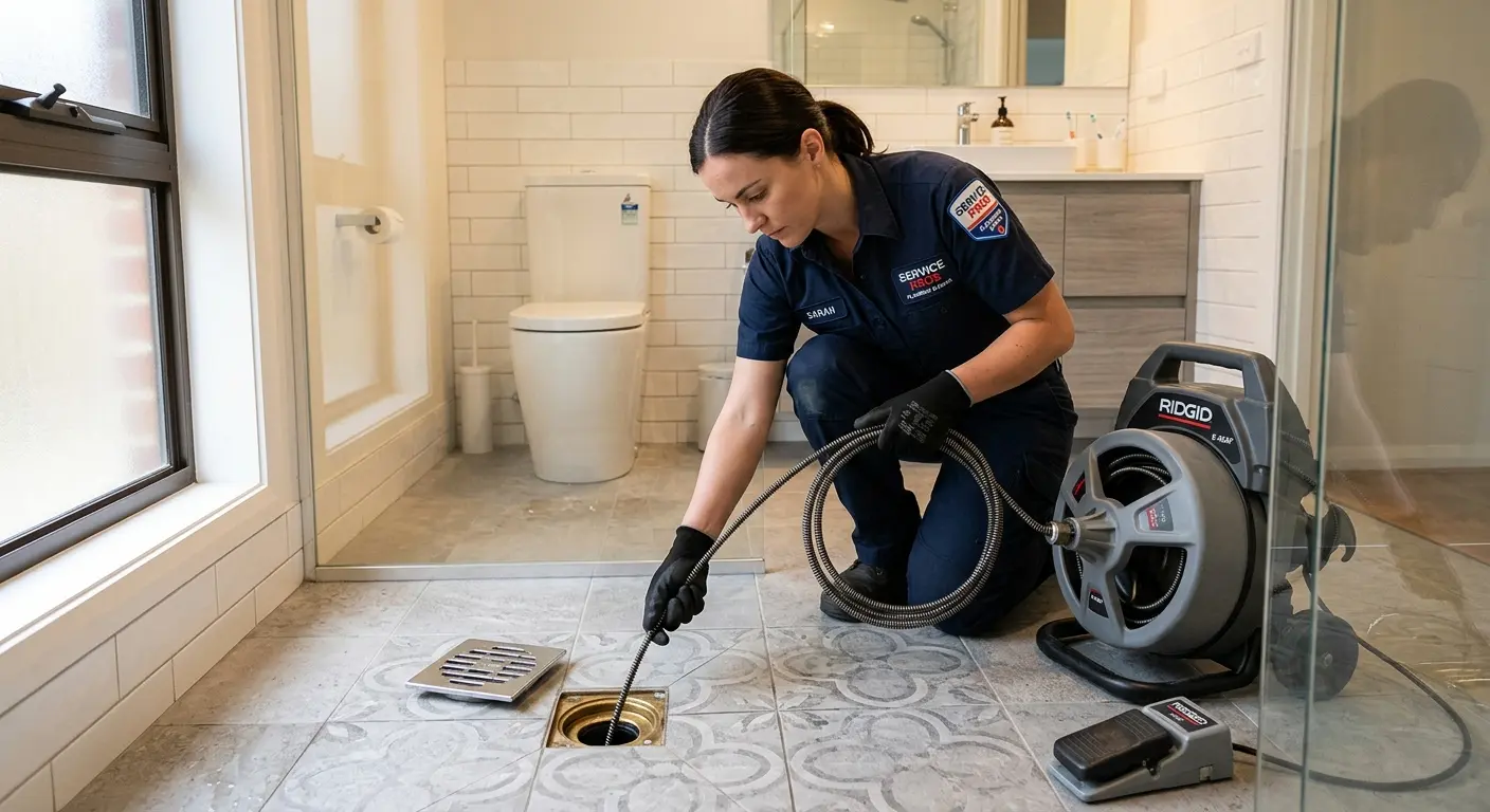 Technician clearing a bathroom floor drain for Clogged Drain Repair in Ridgefield